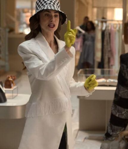 Emily In Paris Season 02 Lily Collins White Fringe Coat
