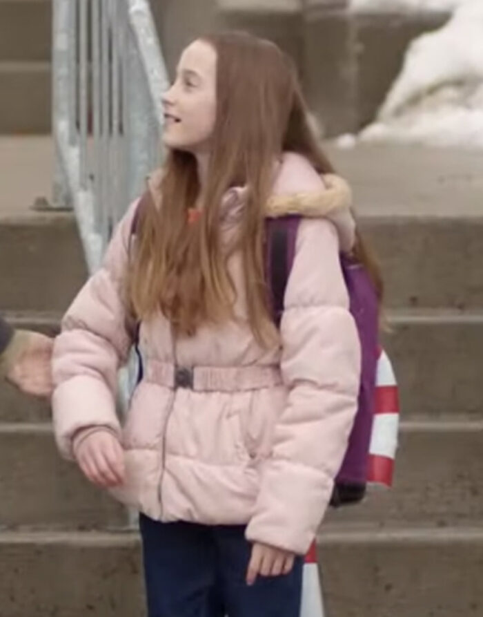Annie Film My Christmas Guide 2023 Ava Weiss Pink Hooded Puffer Jacket.